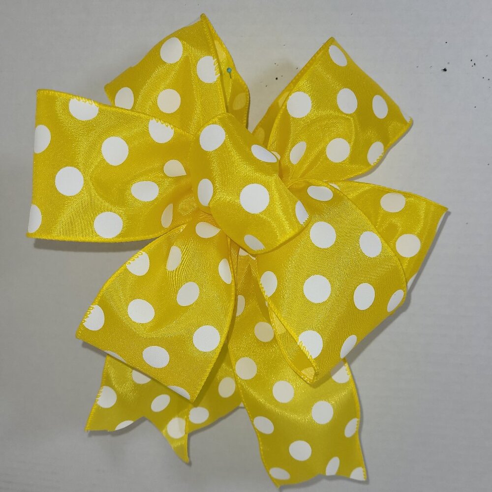 Handmade Decorative Bow Yellow with White Polka Dots 8"